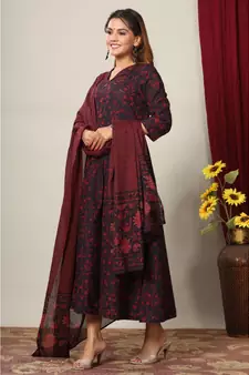  Cotton Floral Printed Anarkali Kurta with Gold Print Dupatta for Womens Girls