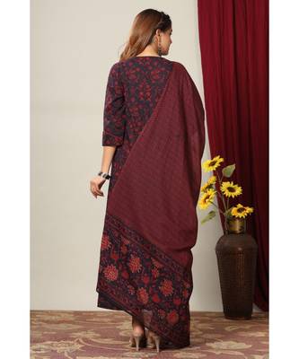  Cotton Floral Printed Anarkali Kurta with Gold Print Dupatta for Womens Girls 3