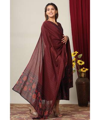  Cotton Floral Printed Anarkali Kurta with Gold Print Dupatta for Womens Girls 4
