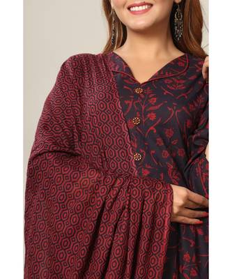  Cotton Floral Printed Anarkali Kurta with Gold Print Dupatta for Womens Girls 5