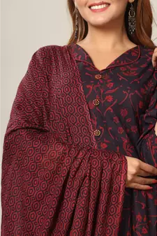  Cotton Floral Printed Anarkali Kurta with Gold Print Dupatta for Womens Girls