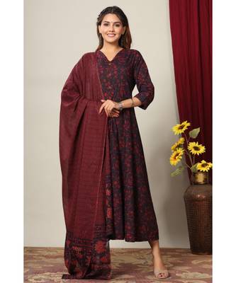  Cotton Floral Printed Anarkali Kurta with Gold Print Dupatta for Womens Girls 6