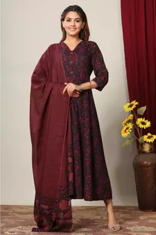  Cotton Floral Printed Anarkali Kurta with Gold Print Dupatta for Womens Girls
