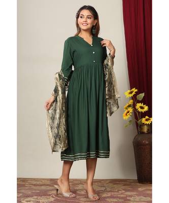 Womens Rayon Solid Print Anarkali Kurta with Dupatta 1