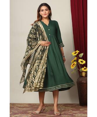Womens Rayon Solid Print Anarkali Kurta with Dupatta 2