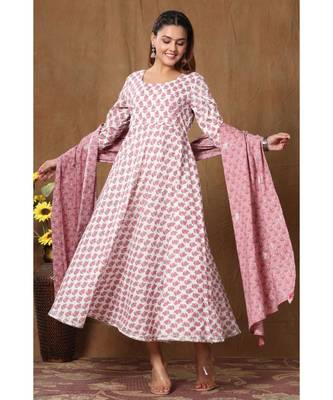  Cotton Floral Printed Anarkali Kurta with Floral Printed Dupatta for Womens Girls 1