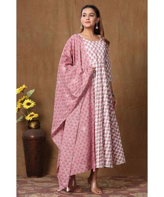  Cotton Floral Printed Anarkali Kurta with Floral Printed Dupatta for Womens Girls 2