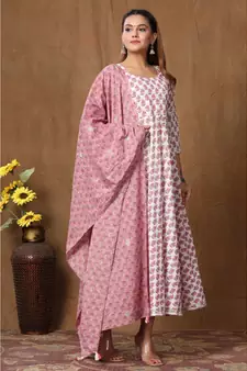  Cotton Floral Printed Anarkali Kurta with Floral Printed Dupatta for Womens Girls