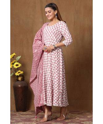  Cotton Floral Printed Anarkali Kurta with Floral Printed Dupatta for Womens Girls 3