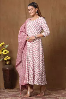  Cotton Floral Printed Anarkali Kurta with Floral Printed Dupatta for Womens Girls