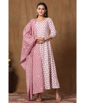  Cotton Floral Printed Anarkali Kurta with Floral Printed Dupatta for Womens Girls 4
