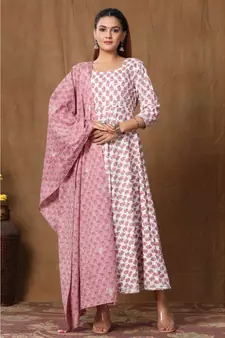  Cotton Floral Printed Anarkali Kurta with Floral Printed Dupatta for Womens Girls