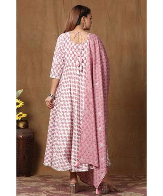  Cotton Floral Printed Anarkali Kurta with Floral Printed Dupatta for Womens Girls 5