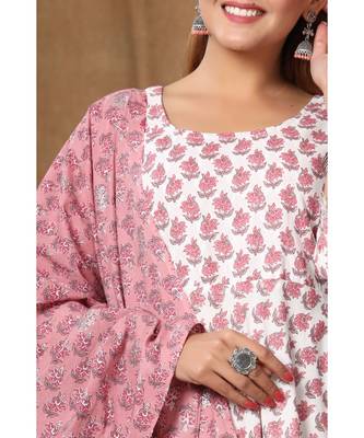  Cotton Floral Printed Anarkali Kurta with Floral Printed Dupatta for Womens Girls 6