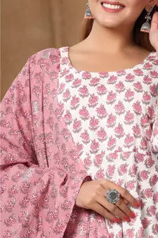  Cotton Floral Printed Anarkali Kurta with Floral Printed Dupatta for Womens Girls