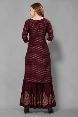 wine color gold printed rayon cotton kurta with sarara set 2