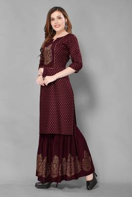 wine color gold printed rayon cotton kurta with sarara set 3
