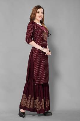 wine color gold printed rayon cotton kurta with sarara set 4
