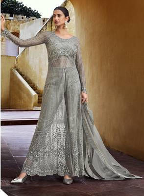 Dark-grey thread embroidery pure net salwar 1