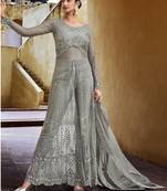 Dark-grey thread embroidery pure net salwar