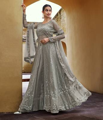 Dark-grey thread embroidery pure net salwar 2
