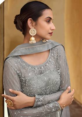 Dark-grey thread embroidery pure net salwar 3