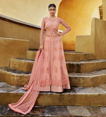 Dark-peach thread embroidery pure net salwar 1