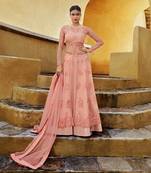 Dark-peach thread embroidery pure net salwar