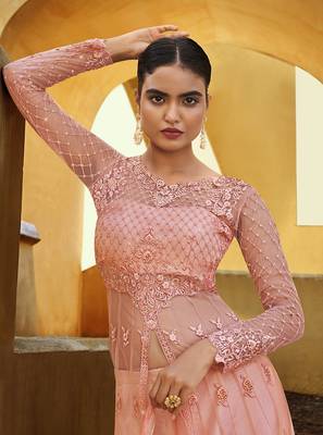 Dark-peach thread embroidery pure net salwar 2