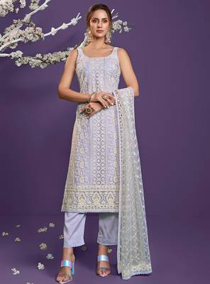 Lavender thread embroidery net salwar 1
