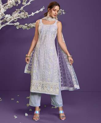 Lavender thread embroidery net salwar 2