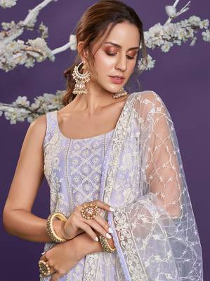 Lavender thread embroidery net salwar 3