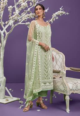 Light-green thread embroidery net salwar kameez 1