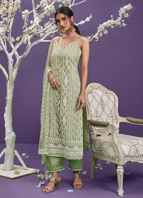Light-green thread embroidery net salwar kameez 2