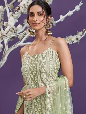Light-green thread embroidery net salwar kameez 3