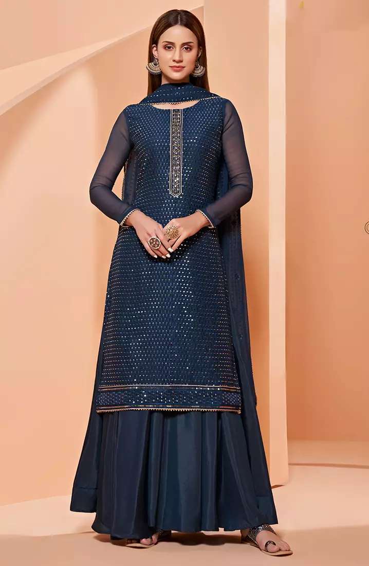 Blue thread embroidery pure georgette salwar