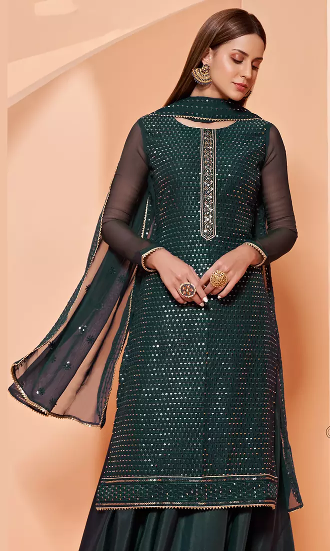 Dark-green thread embroidery pure georgette salwar