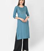 Span Blue Embroidered Straight Kurta