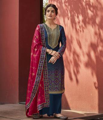 Blue resham embroidery satin salwar 1