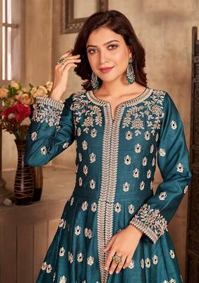 Teal embroidered art silk salwar 2