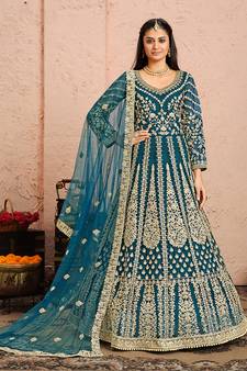 Teal embroidered net salwar