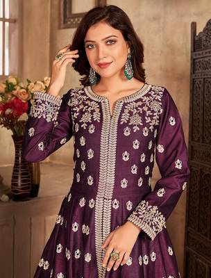 Wine embroidered art silk blend salwar kameez 2