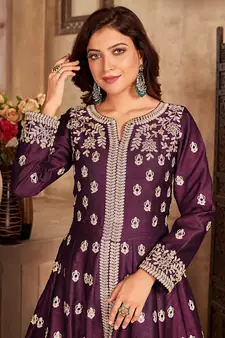 Wine embroidered art silk blend salwar kameez