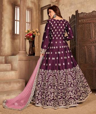 Wine embroidered art silk blend salwar kameez 3