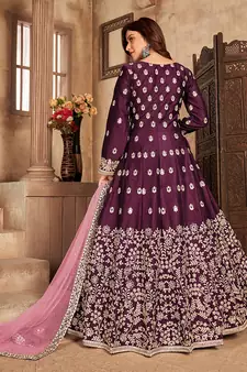 Wine embroidered art silk blend salwar kameez