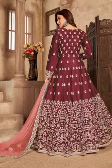Maroon embroidered art silk salwar kameez