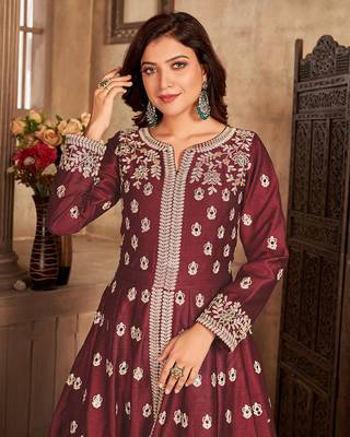 Maroon embroidered art silk blend salwar kameez 3
