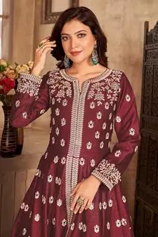 Maroon embroidered art silk salwar kameez