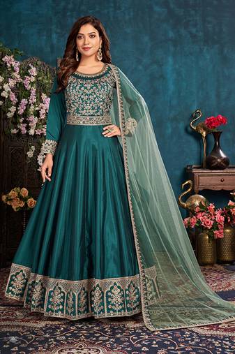 Dark-teal embroidered art silk salwar