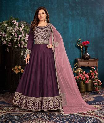 Dark-wine embroidered art silk salwar 1